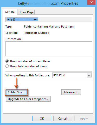 får jeg vist eller mappestørrelse i Outlook?