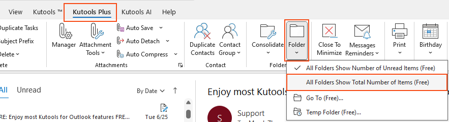 Outlook: show and view the number of messages in a folder