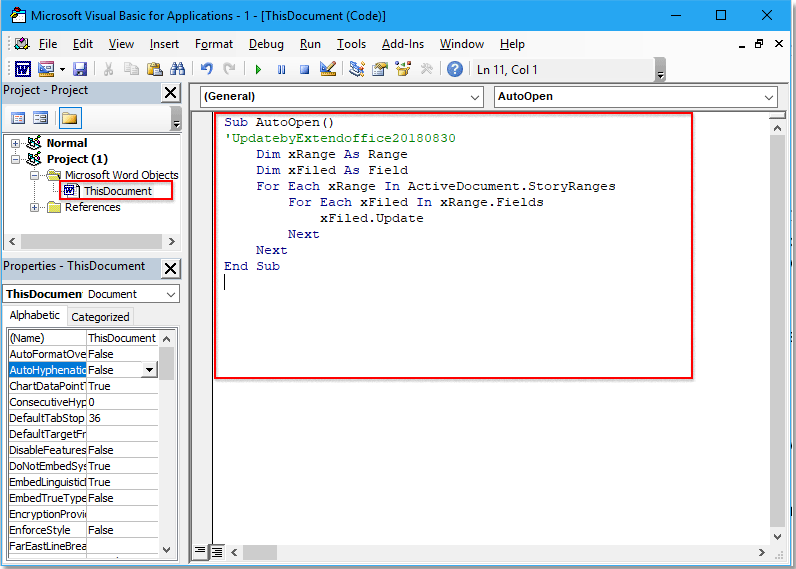How to auto update field codes when reopen document in Word?