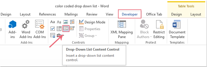 How to insert color coded drop down list in Word table?
