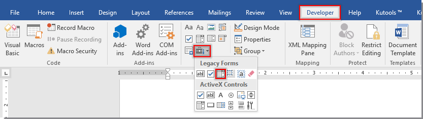 Developer tab with Legacy Forms selected and Drop-Down Form Field highlighted