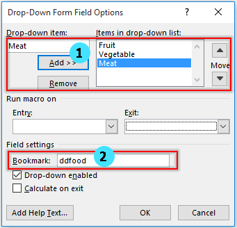 Drop-down Form Field Options dialog box