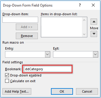 Drop-down Form Field Options dialog box