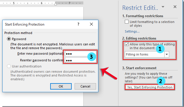 Restrict Editing pane and Start Enforcing Protection dialog