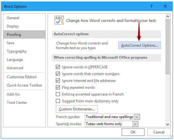 AutoCorrect Options button in Word Options window