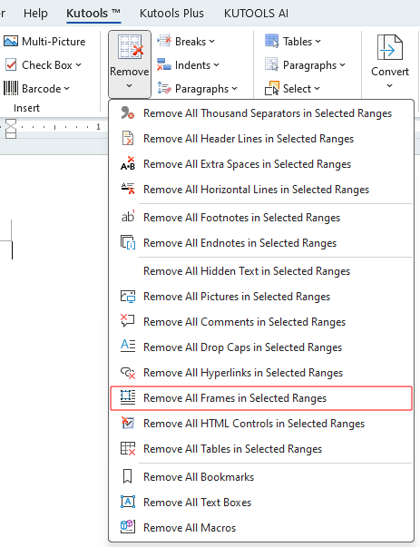 Remove Frames option on the Kutools tab on the ribbon