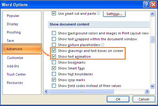 Show document content (text animation, drawings and text boxes) in Word