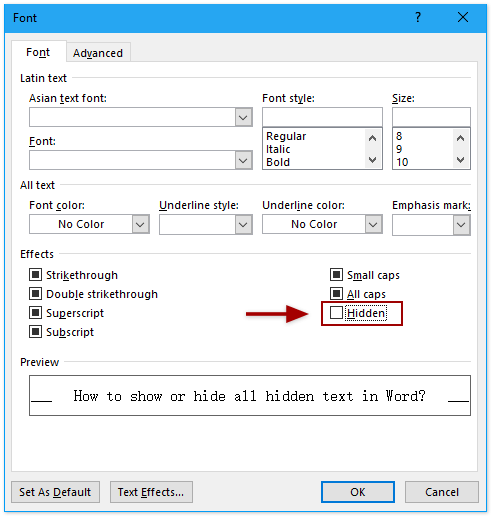 How to show or hide all hidden text quickly in Word?