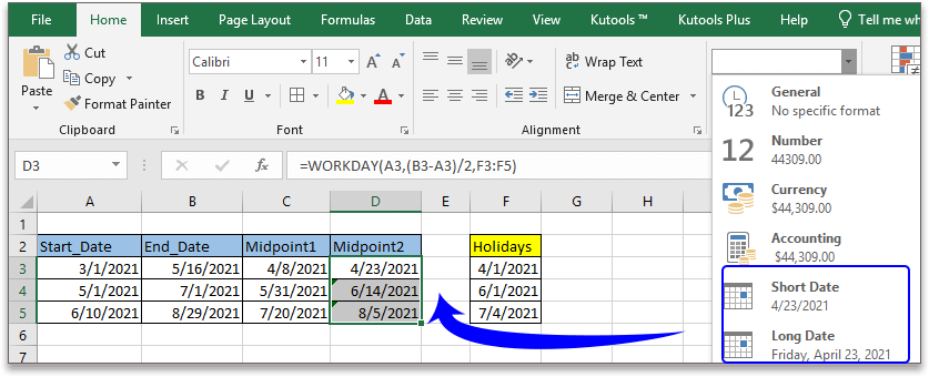 Excel Formula: Get Midpoint of Two Dates