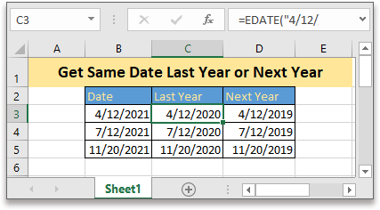 Excel Formula: Get Same Date Last Year or Next Year image.