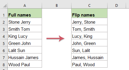 Flip or reverse first and last names in Excel list