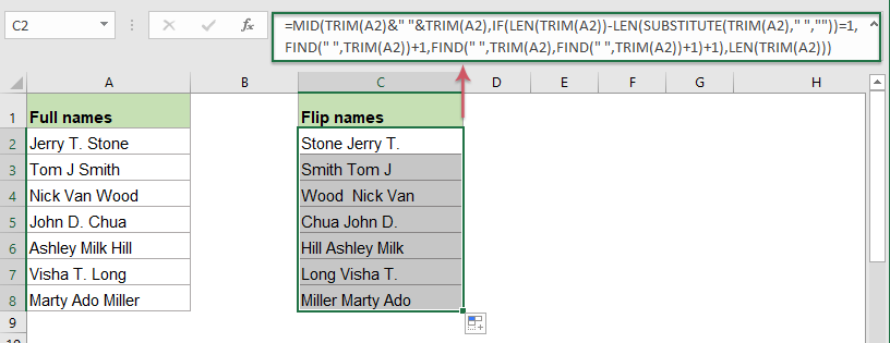 Flip or reverse first and last names in Excel list