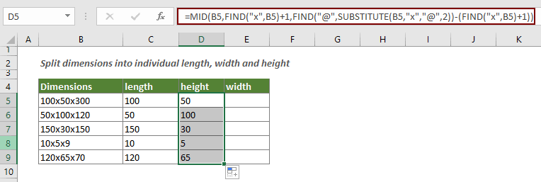 Split dimensions into individual length, height and width