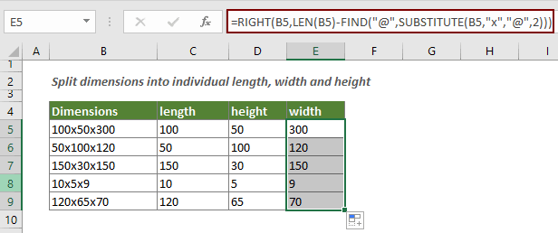 Split dimensions into individual length, height and width