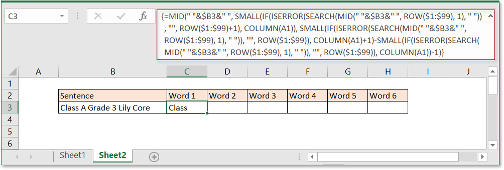 Excel Formula: Split sentence into words