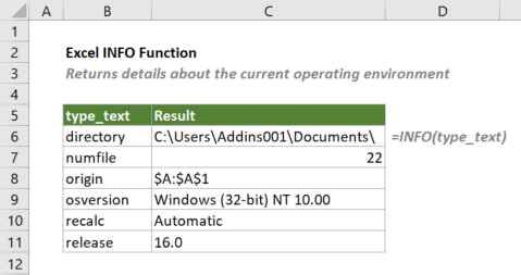 Excel INFO Function