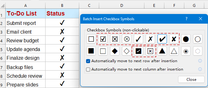 Batch insert check and cross symbols into Excel cells with Kutools