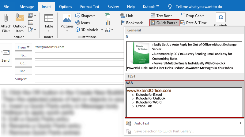 These Quick Part Quick Parts in Outlook
