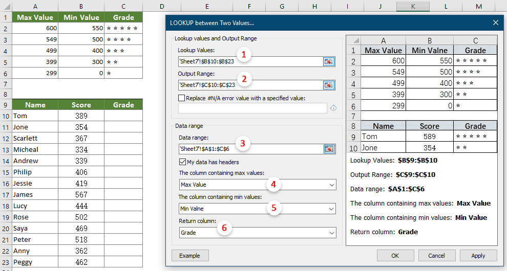 Vlookup fácilmente valor entre dos números en Excel