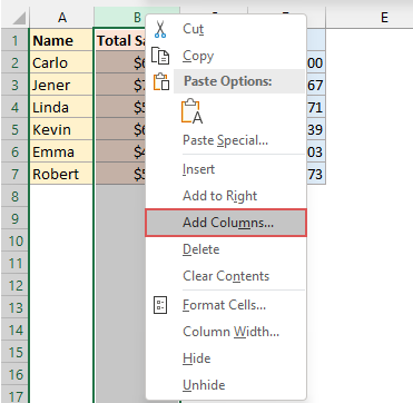 Easily add columns to right or left of the selected column in Excel