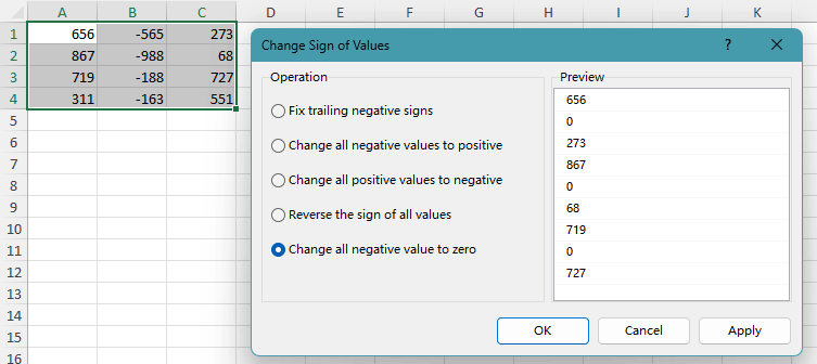 Quickly change sign of numbers in Excel