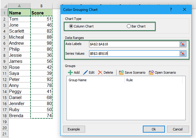 Quickly create a chart with different colors based on data grouping