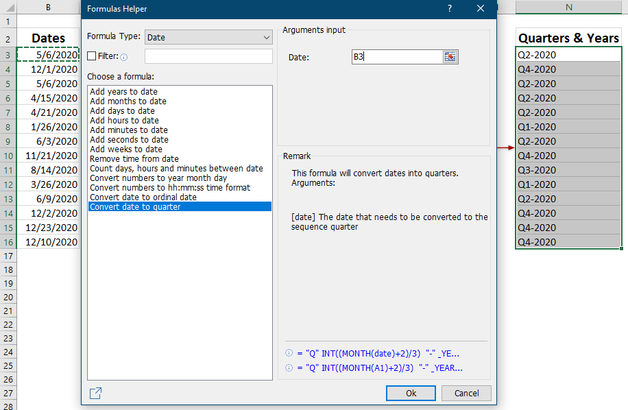 Quickly convert dates to quarters and years in excel