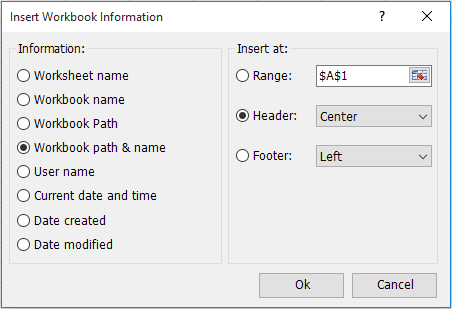 Quickly insert file name and file path into cell, header or footer in Excel