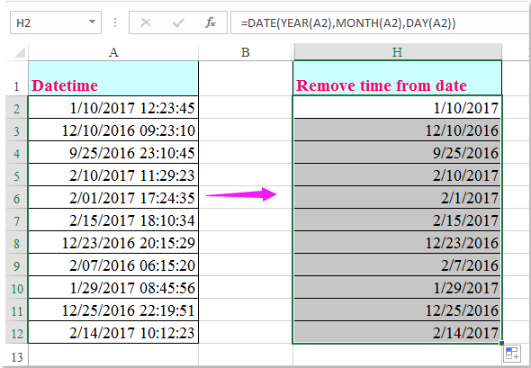 Quickly remove time from date time format permanently in Excel