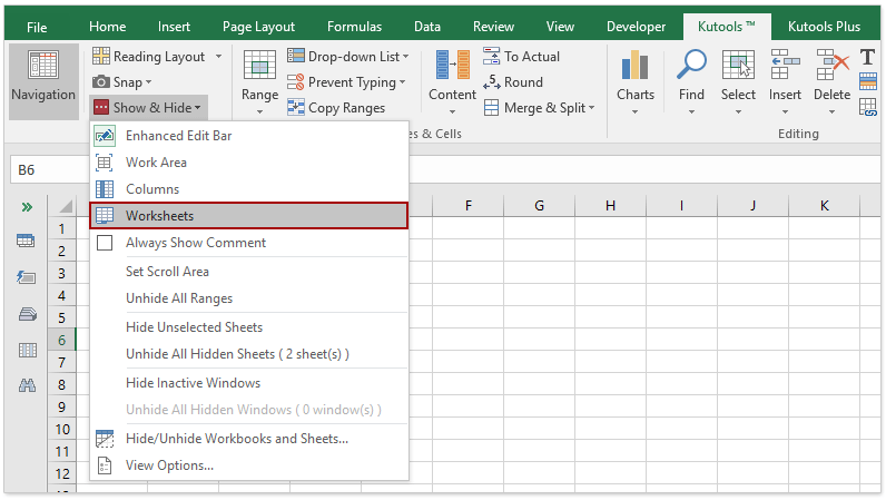 Quickly toggle all hidden sheets to be visible or invisible in Excel
