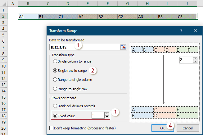 Transpose (convert) a single column or row to ranges in Excel