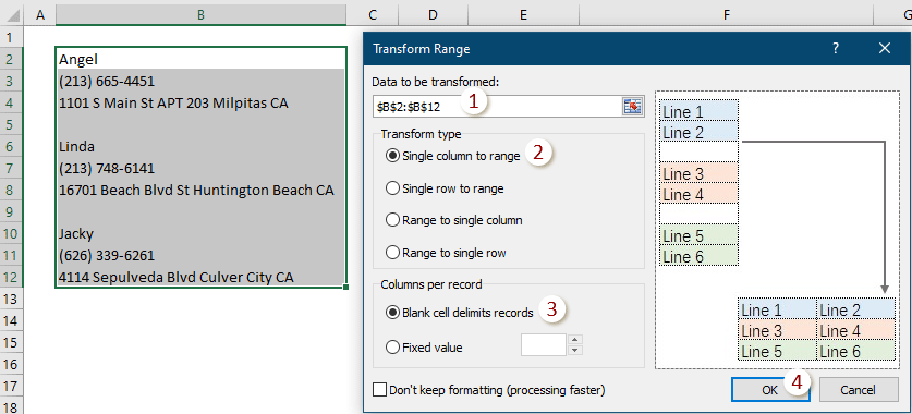 Transpose (convert) a single column or row to ranges in Excel