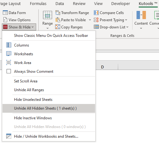 Quickly show all hidden worksheets with one click in Excel