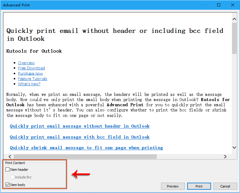 Quickly print email without header or including bcc field in Outlook