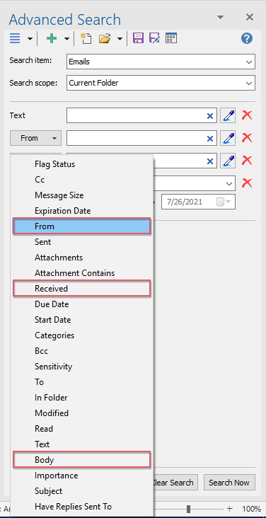 Advanced search email and save custom search in Outlook