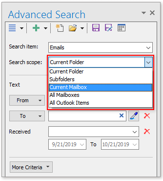 Advanced search email and save custom search in Outlook