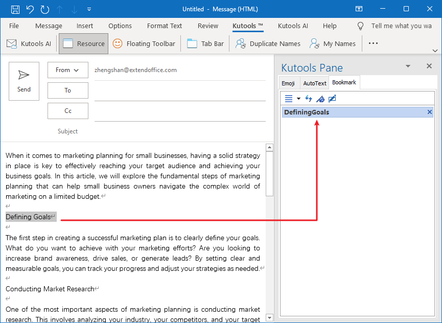 Quickly create, rename, and use bookmark in Outlook