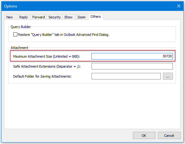 Quickly increase or change maximum attachment size limit in Outlook