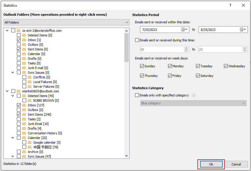 Quickly statistic and count emails/items in Outlook