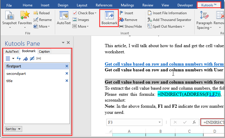 Quickly list all bookmark names and navigate between bookmarks in Word