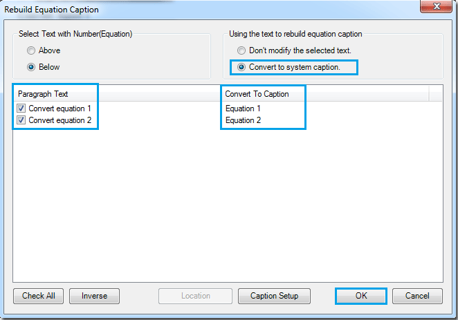 Quickly convert text to equation captions in Word