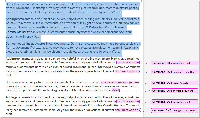 Quickly remove all comments from a part of document in word