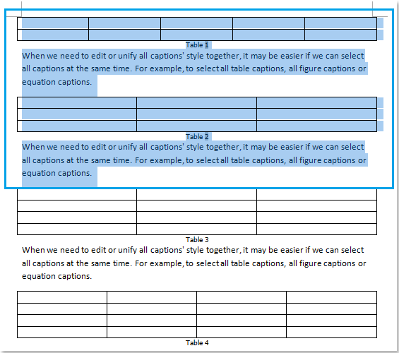Quickly select all table captions, figure captions or equation captions