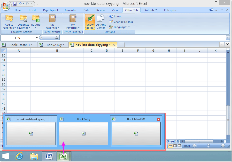 Office Tab: how to display or hide all open windows on the taskbar?
